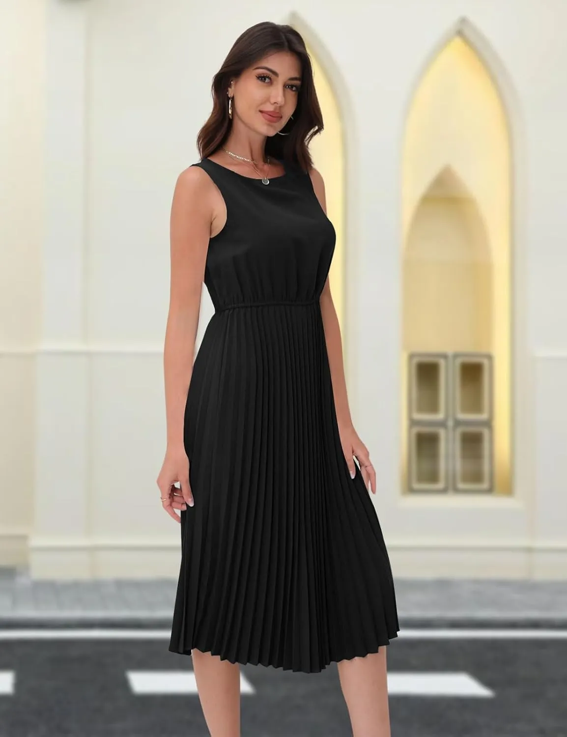 DRESSTELLS Women's Summer Sleeveless Midi Pleated Cocktail Dress for Wedding Guest Casual&Business Work