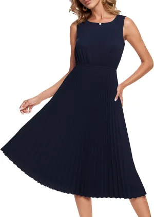 DRESSTELLS Women's Summer Sleeveless Midi Pleated Cocktail Dress for Wedding Guest Casual&Business Work