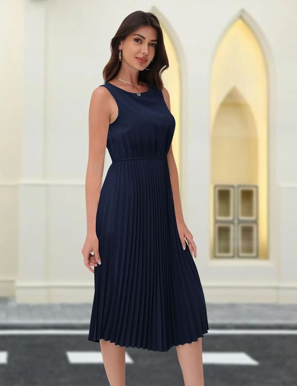DRESSTELLS Women's Summer Sleeveless Midi Pleated Cocktail Dress for Wedding Guest Casual&Business Work