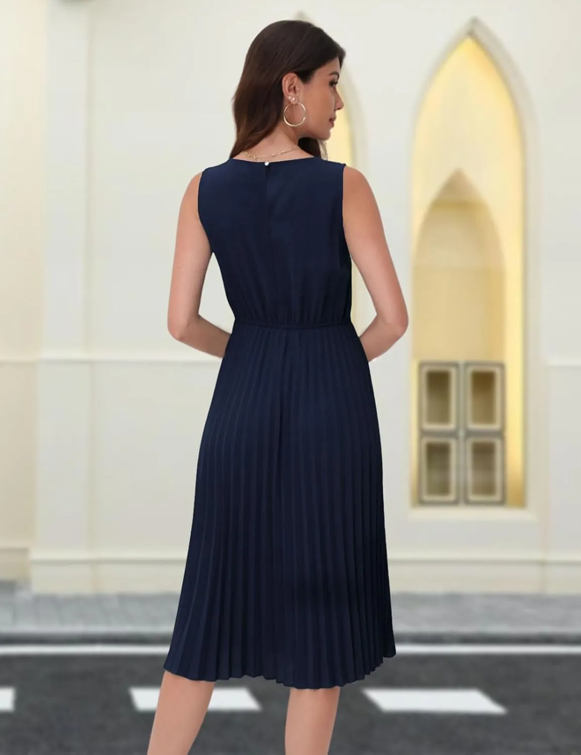 DRESSTELLS Women's Summer Sleeveless Midi Pleated Cocktail Dress for Wedding Guest Casual&Business Work