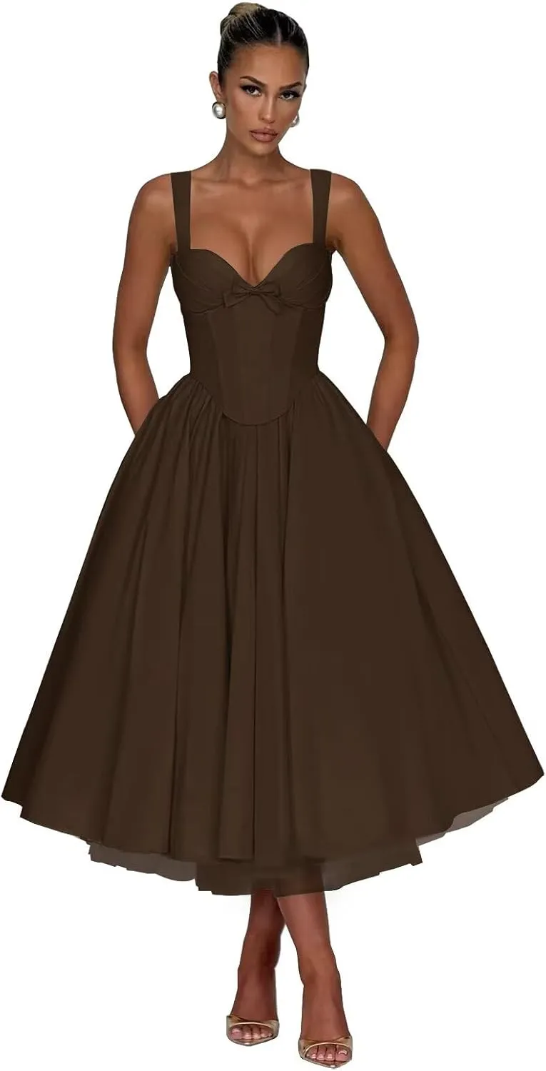 Eightale Satin Prom Dress for Women Tea Length Corset A Line Midi Formal Evening Party Gown
