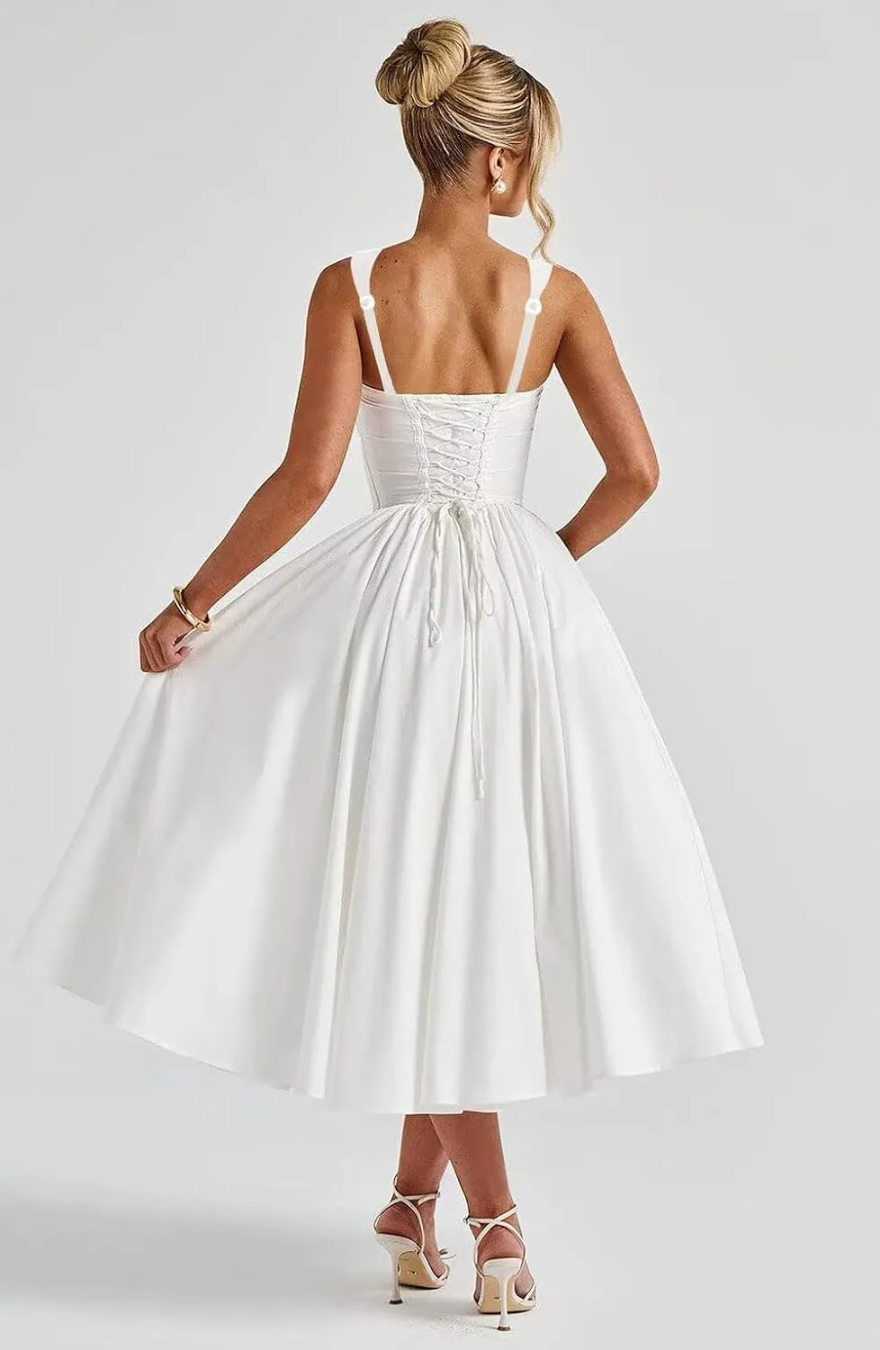 Eightale Satin Prom Dress for Women Tea Length Corset A Line Midi Formal Evening Party Gown