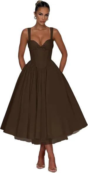 Eightale Satin Prom Dress for Women Tea Length Corset A Line Midi Formal Evening Party Gown
