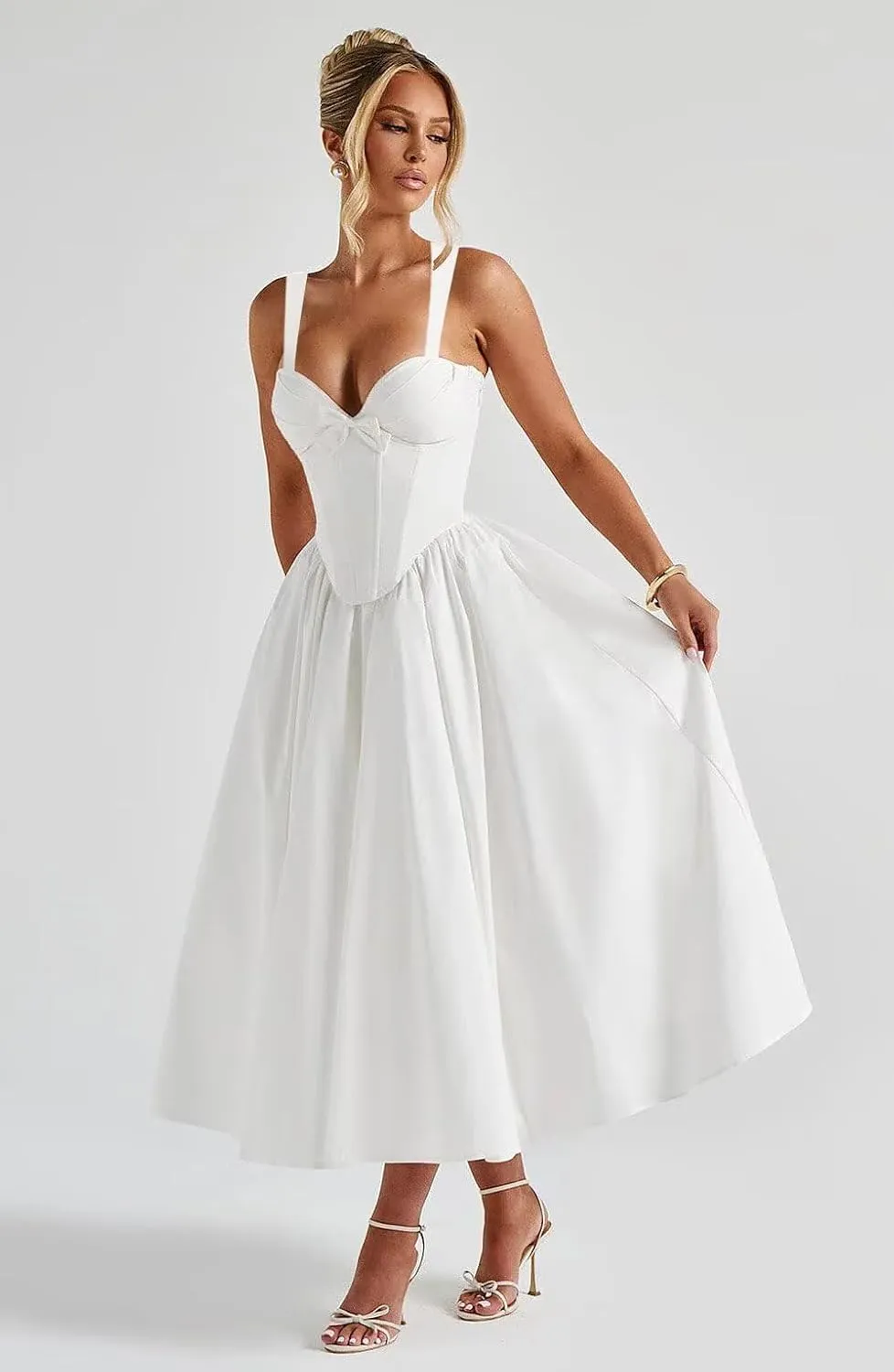 Eightale Satin Prom Dress for Women Tea Length Corset A Line Midi Formal Evening Party Gown