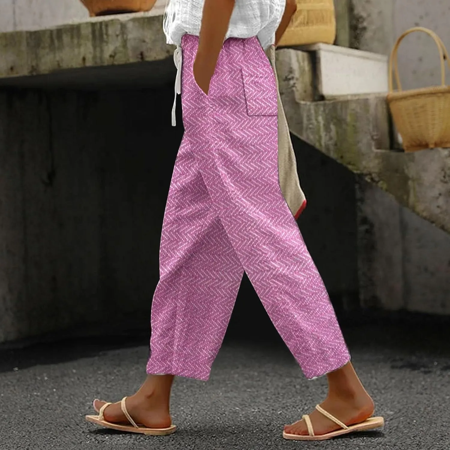 Elastic Waist Linen Capris Pants for Women Cropped Wide Leg Summer Beachwear Casual Boho Trousers with Pockets