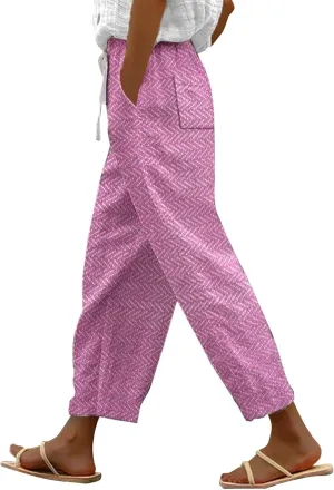 Elastic Waist Linen Capris Pants for Women Cropped Wide Leg Summer Beachwear Casual Boho Trousers with Pockets