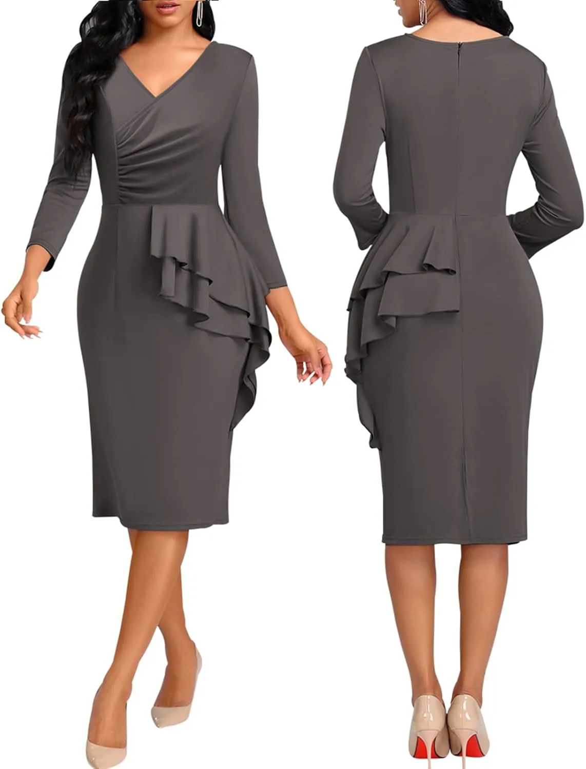 Elegant Church Dress for Women Casual Lapel Ruffle Pencil Classy Knee Length Dinner Party Midi Teens Dress