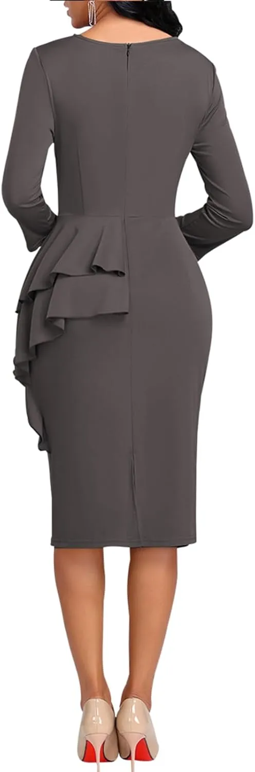 Elegant Church Dress for Women Casual Lapel Ruffle Pencil Classy Knee Length Dinner Party Midi Teens Dress