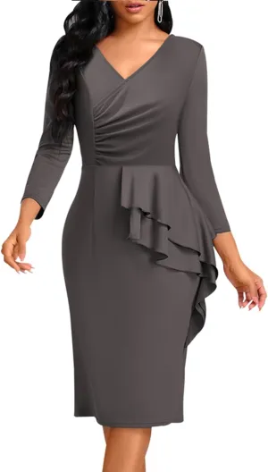 Elegant Church Dress for Women Casual Lapel Ruffle Pencil Classy Knee Length Dinner Party Midi Teens Dress