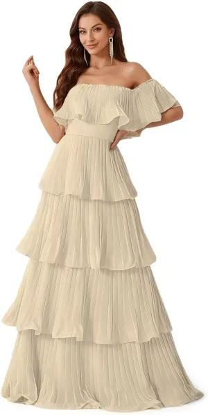 Elegant Off Shoulder Multi-Layer Pleats Large A Swing Dress Formal Evening Prom Wedding Guest Gown