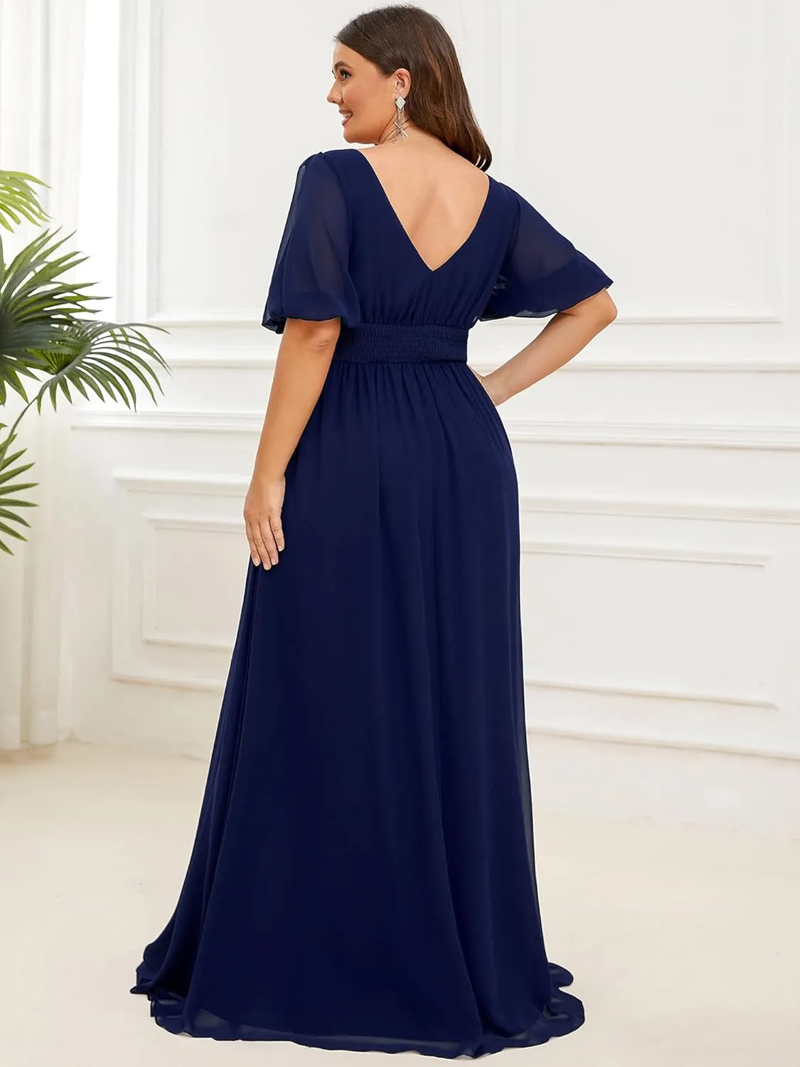 Ever-Pretty Plus Womens V-Neck Puffy Sleeves Empire Waist Ruched Bust A-Line Slit Maxi Plus Size Formal Dress