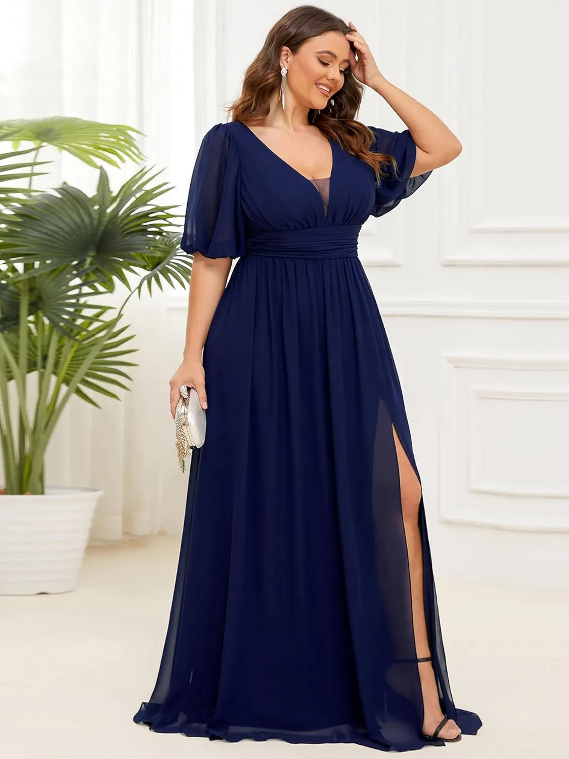 Ever-Pretty Plus Womens V-Neck Puffy Sleeves Empire Waist Ruched Bust A-Line Slit Maxi Plus Size Formal Dress
