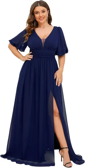 Ever-Pretty Plus Womens V-Neck Puffy Sleeves Empire Waist Ruched Bust A-Line Slit Maxi Plus Size Formal Dress