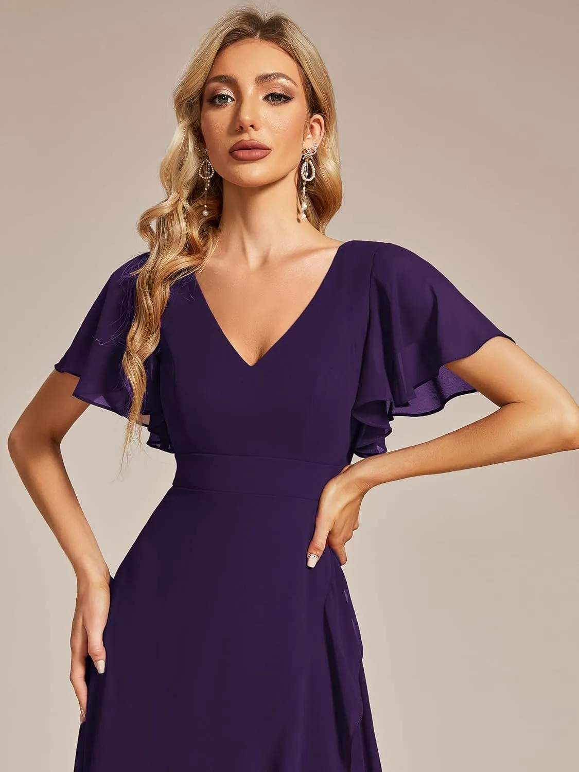 Ever-Pretty Women's Double V Neck A Line Ruffle Hem Backless High Low Chiffon Bridesmaid Dresses 01749