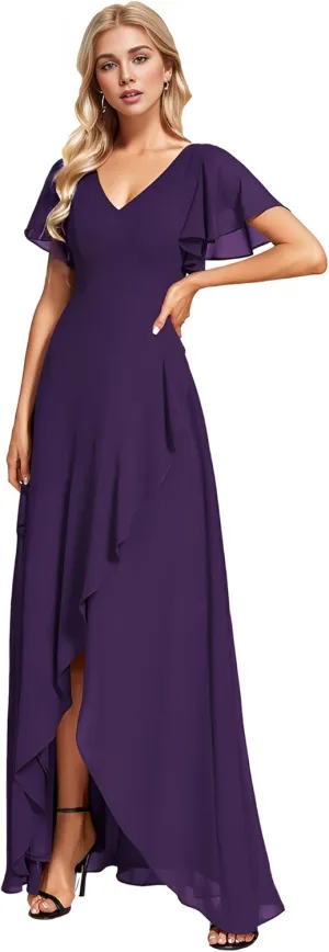 Ever-Pretty Women's Double V Neck A Line Ruffle Hem Backless High Low Chiffon Bridesmaid Dresses 01749