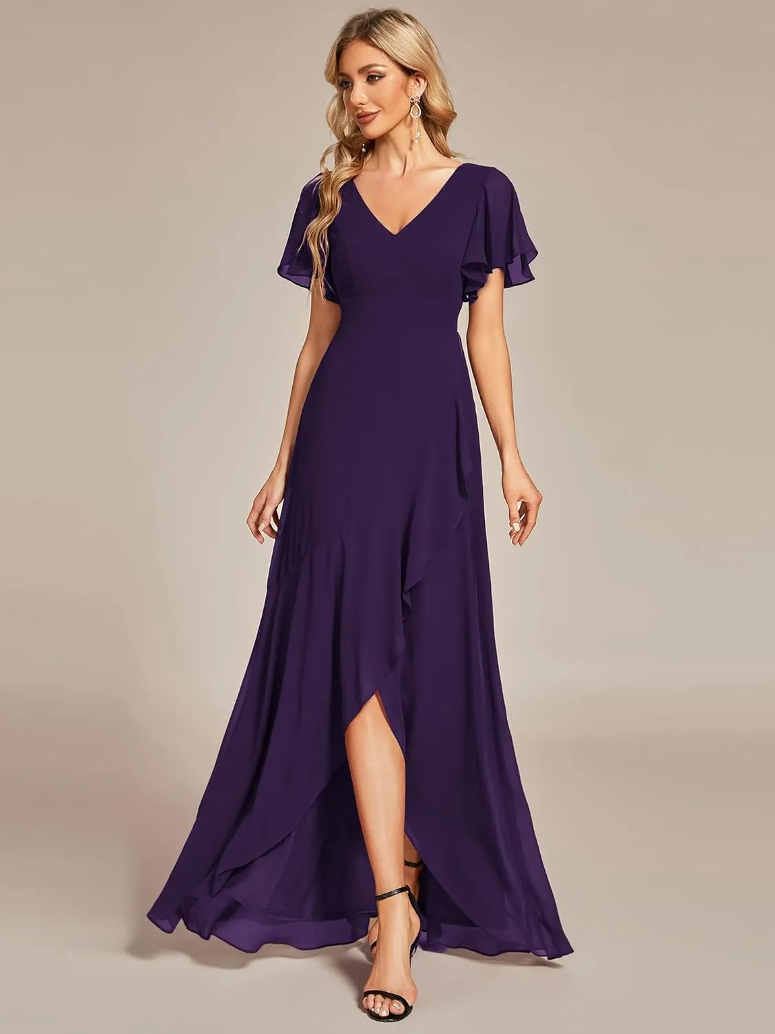 Ever-Pretty Women's Double V Neck A Line Ruffle Hem Backless High Low Chiffon Bridesmaid Dresses 01749