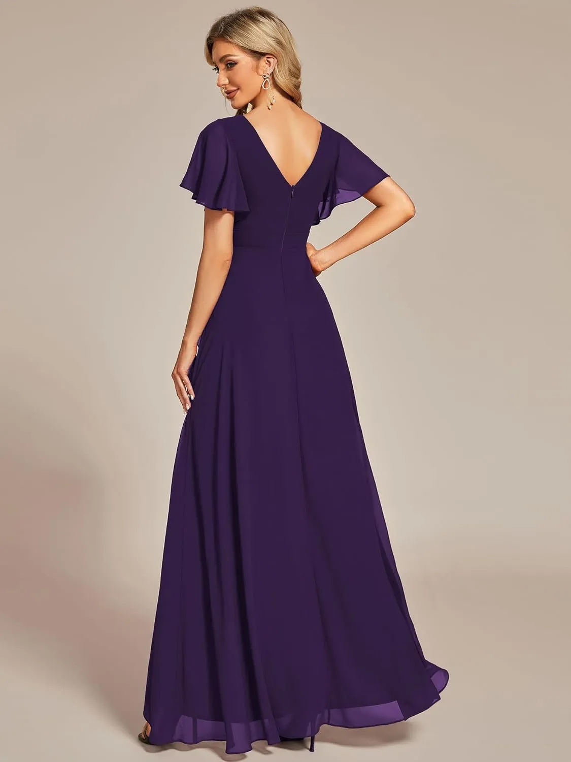 Ever-Pretty Women's Double V Neck A Line Ruffle Hem Backless High Low Chiffon Bridesmaid Dresses 01749