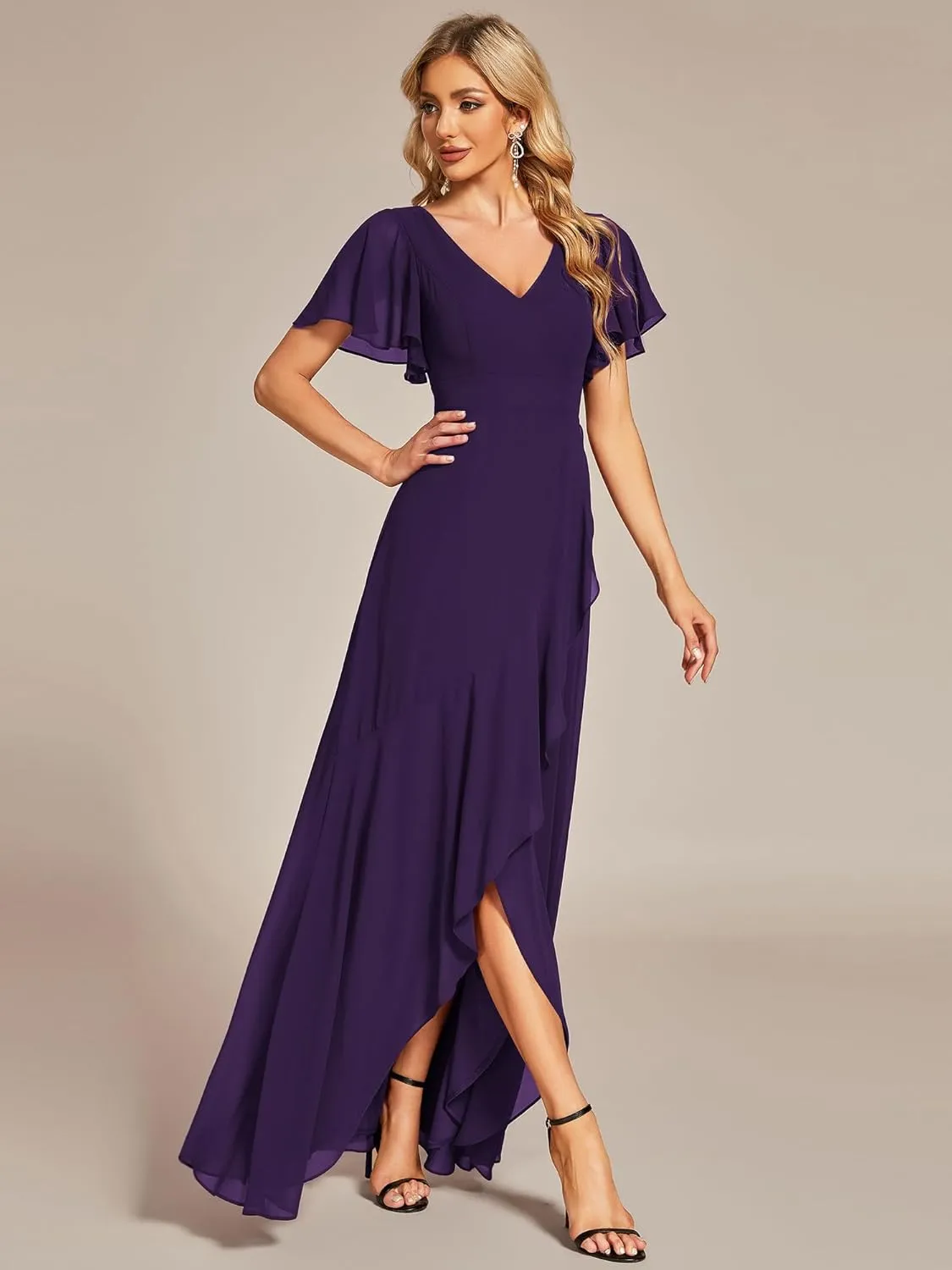 Ever-Pretty Women's Double V Neck A Line Ruffle Hem Backless High Low Chiffon Bridesmaid Dresses 01749