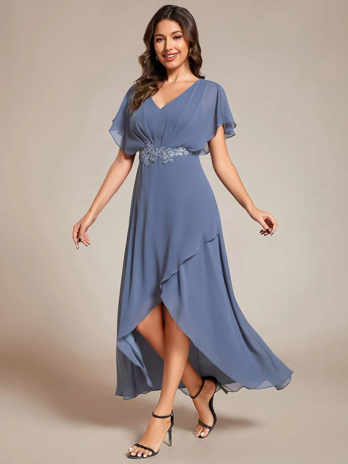 Ever-Pretty Women's Formal Dress A Line V Neck Applique Waist Tea Length Wedding Guest Dress 02027
