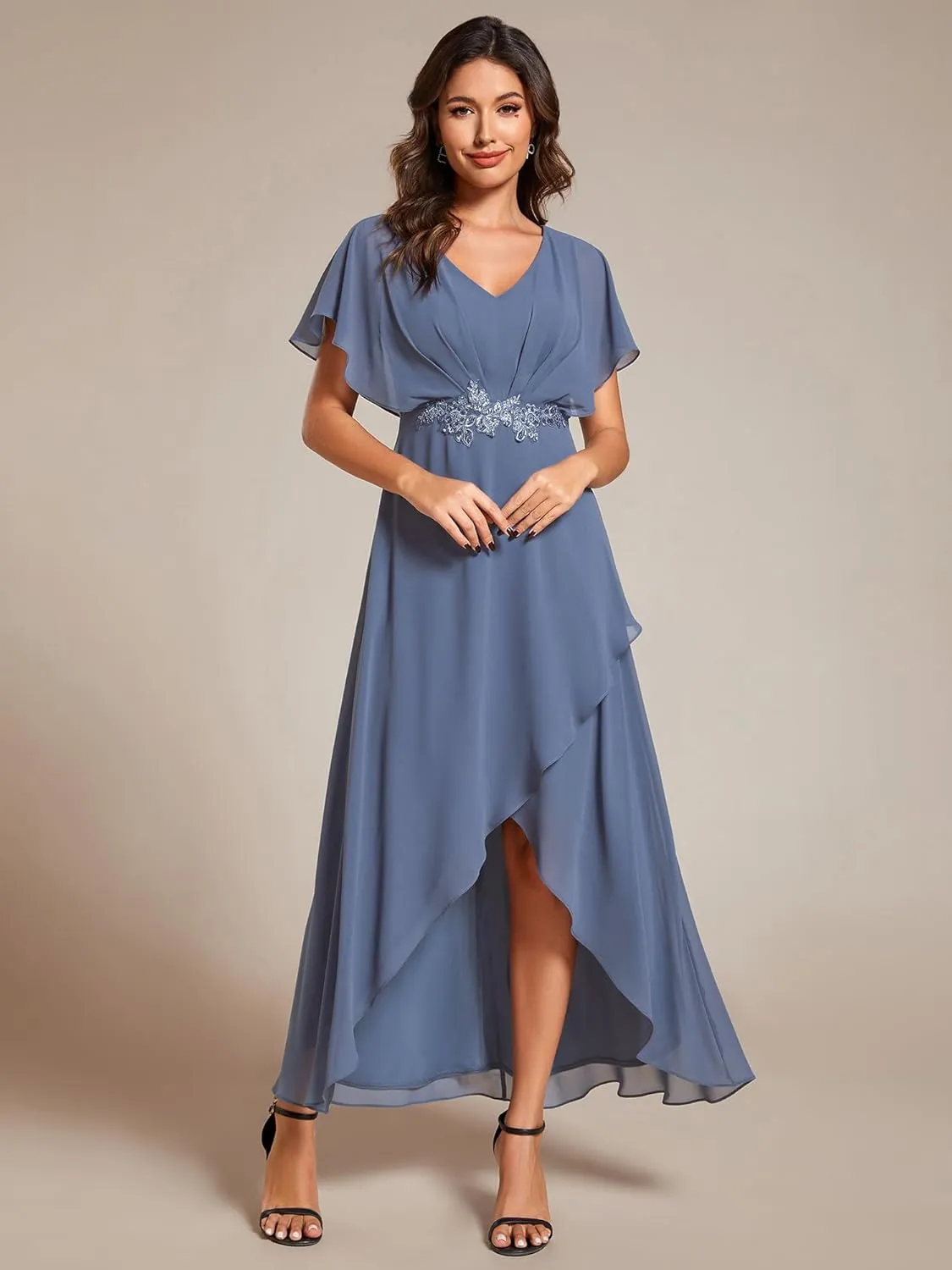 Ever-Pretty Women's Formal Dress A Line V Neck Applique Waist Tea Length Wedding Guest Dress 02027