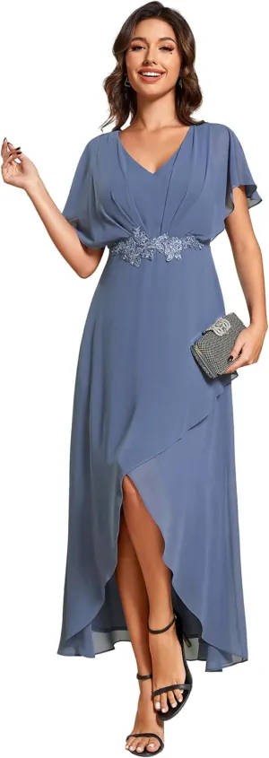 Ever-Pretty Women's Formal Dress A Line V Neck Applique Waist Tea Length Wedding Guest Dress 02027