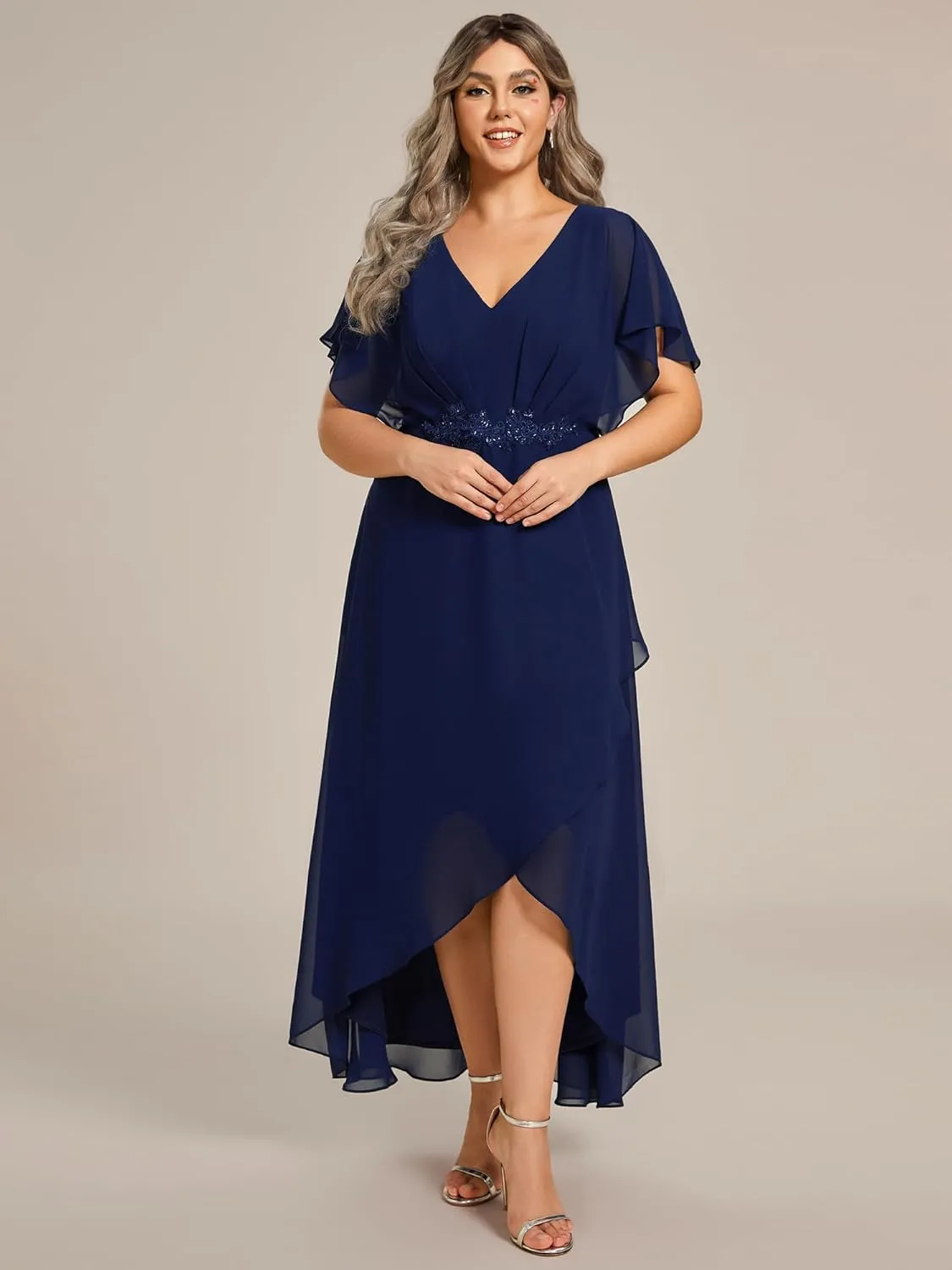 Ever-Pretty Women's Plus V Neck Applique Short Sleeves Maxi Formal Wedding Guest Dress