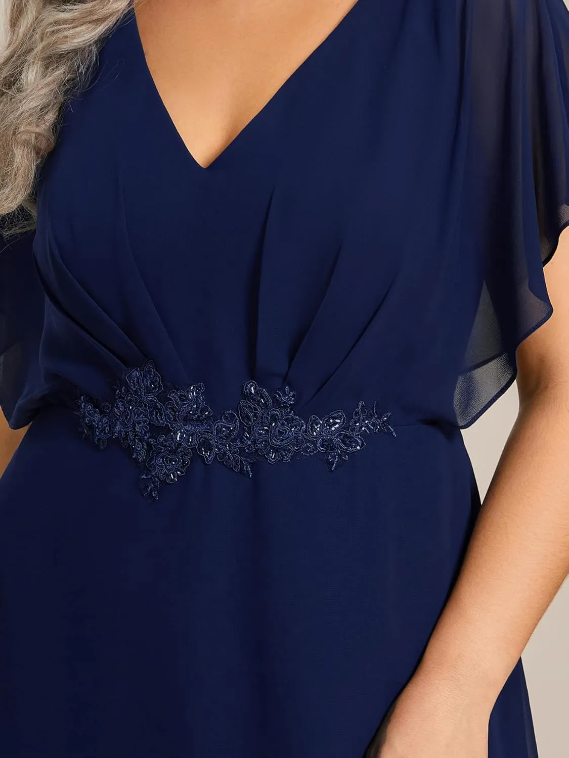 Ever-Pretty Women's Plus V Neck Applique Short Sleeves Maxi Formal Wedding Guest Dress