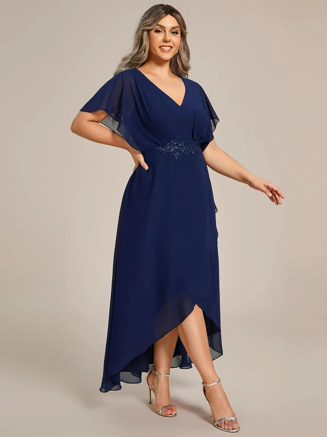 Ever-Pretty Women's Plus V Neck Applique Short Sleeves Maxi Formal Wedding Guest Dress