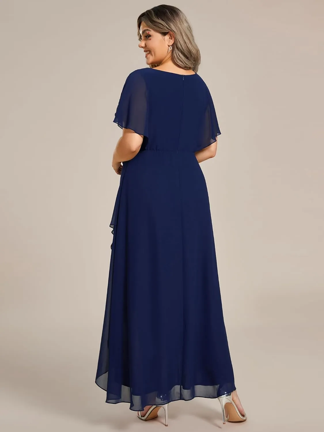 Ever-Pretty Women's Plus V Neck Applique Short Sleeves Maxi Formal Wedding Guest Dress