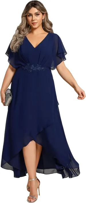 Ever-Pretty Women's Plus V Neck Applique Short Sleeves Maxi Formal Wedding Guest Dress