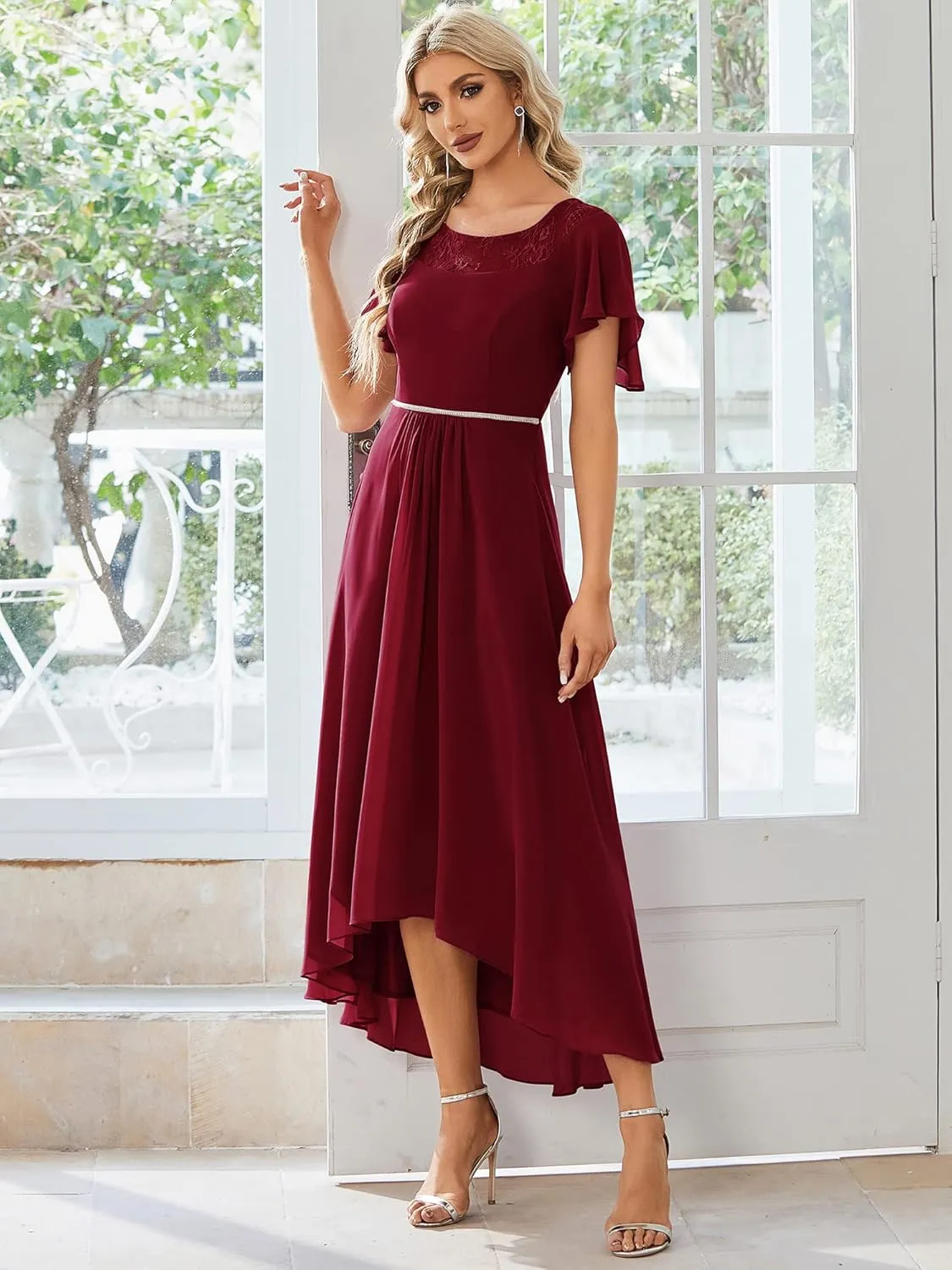 Ever-Pretty Women's Ruffles Sleeve Bridesmaid Dress High Low Beaded Chiffon Midi Mother of The Bride Dresses 00465