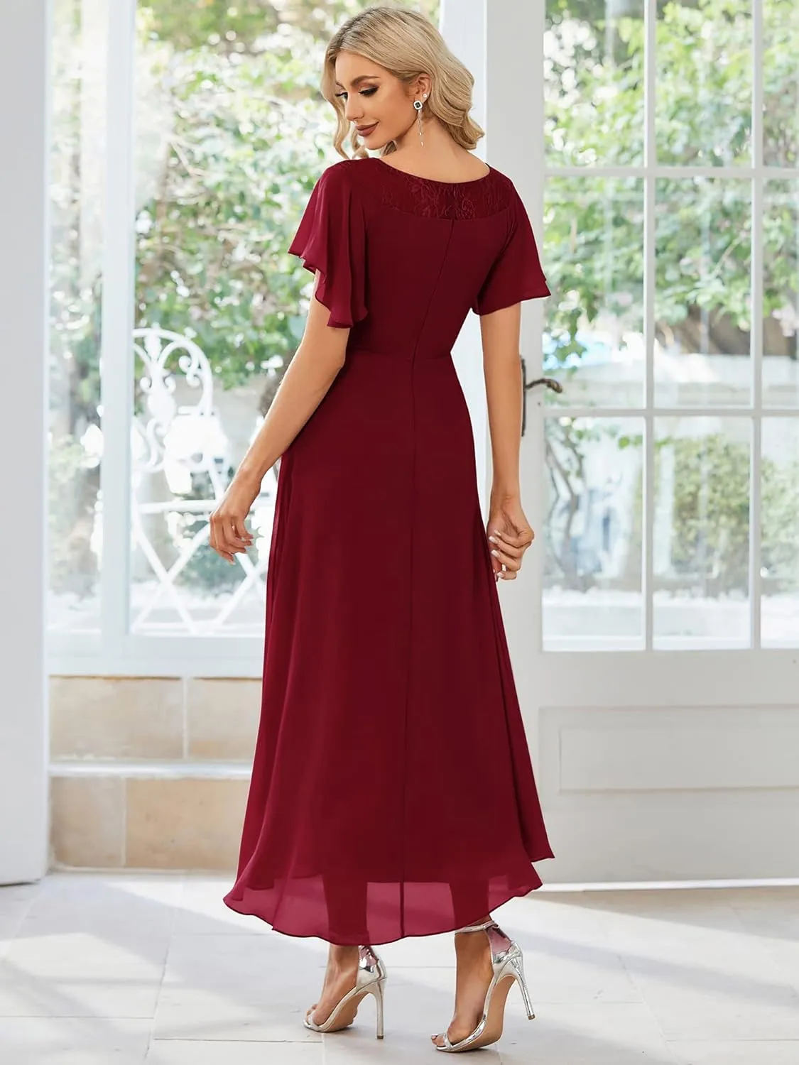 Ever-Pretty Women's Ruffles Sleeve Bridesmaid Dress High Low Beaded Chiffon Midi Mother of The Bride Dresses 00465