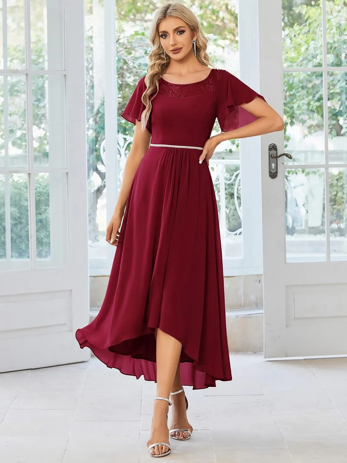 Ever-Pretty Women's Ruffles Sleeve Bridesmaid Dress High Low Beaded Chiffon Midi Mother of The Bride Dresses 00465