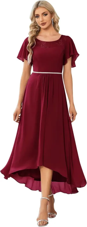 Ever-Pretty Women's Ruffles Sleeve Bridesmaid Dress High Low Beaded Chiffon Midi Mother of The Bride Dresses 00465