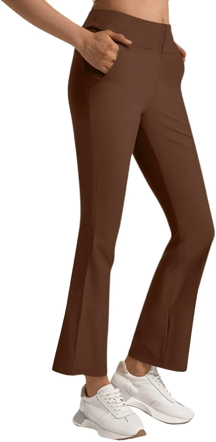 fanmpghleoo Pull On Dress Pants for Women Stretchy Yoga Work Pants High Waisted Flare Leggings with Pockets Office Slacks