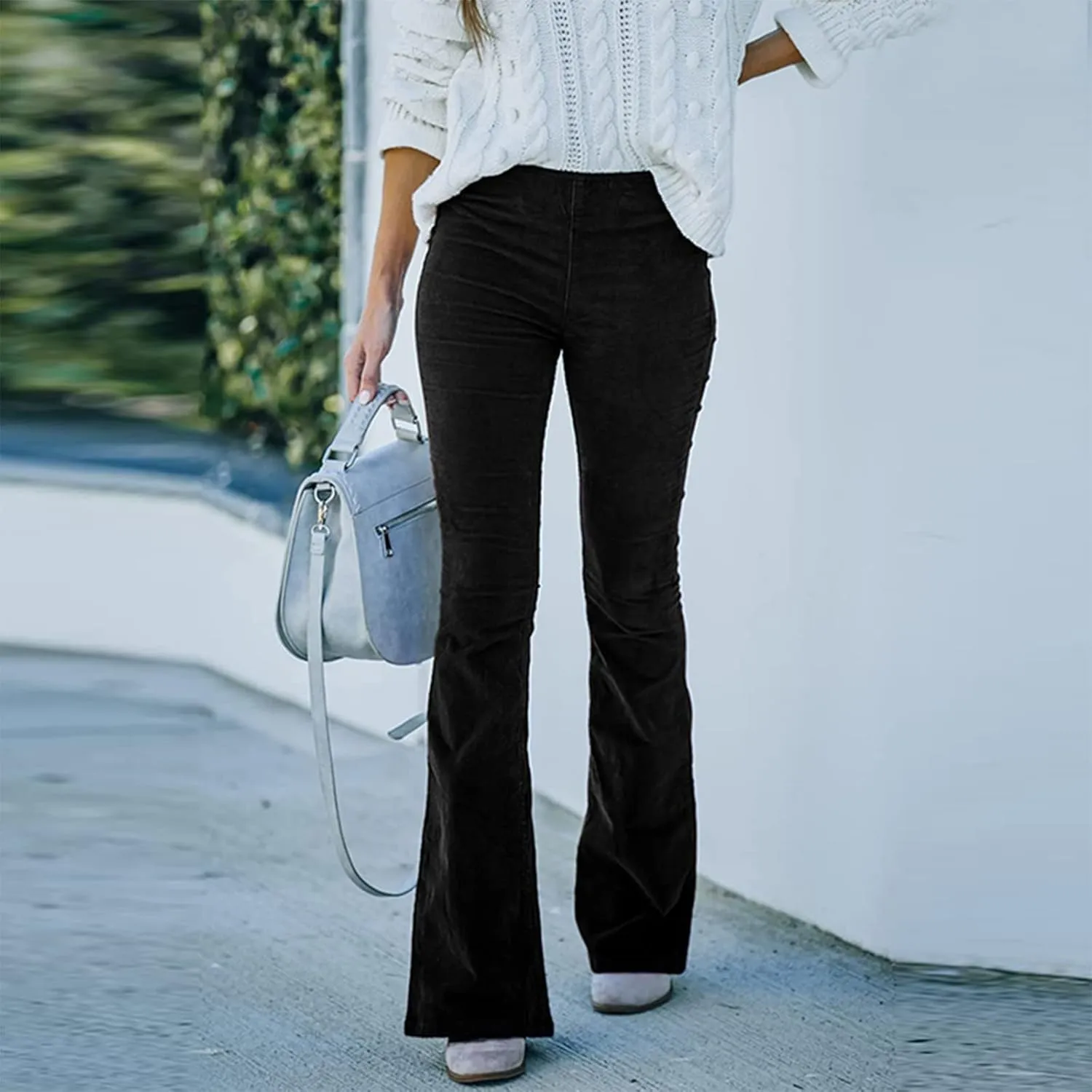 Febecool Cargo Pants Women Solid Color Slim Fit Micro Flared Pants Elastic Waist Casual Pants Corduroy