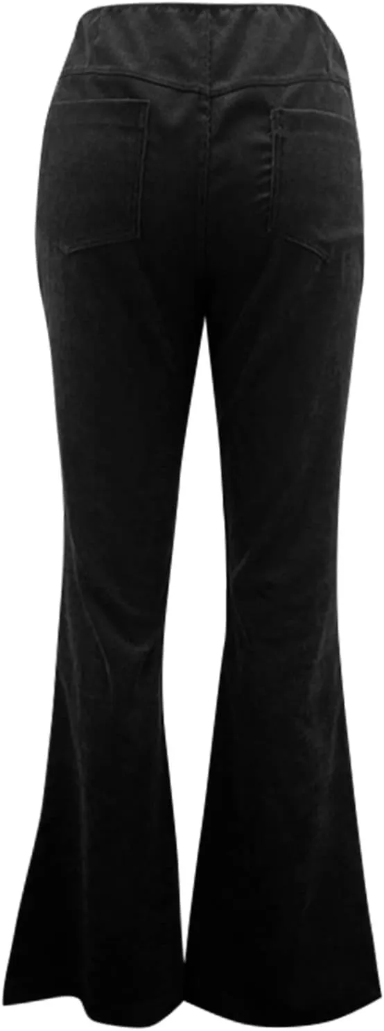 Febecool Cargo Pants Women Solid Color Slim Fit Micro Flared Pants Elastic Waist Casual Pants Corduroy
