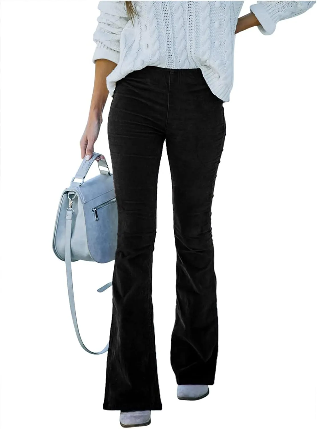 Febecool Cargo Pants Women Solid Color Slim Fit Micro Flared Pants Elastic Waist Casual Pants Corduroy