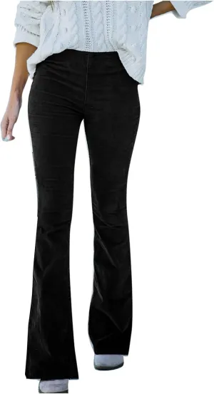 Febecool Cargo Pants Women Solid Color Slim Fit Micro Flared Pants Elastic Waist Casual Pants Corduroy