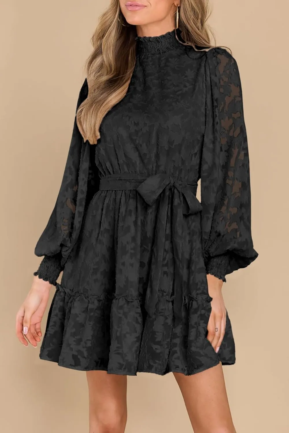 Ferlema Womens 2024 Long Puff Sleeve Smocked High Neck Tie Waist Floral Lace A Line Flowy Party Mini Dress