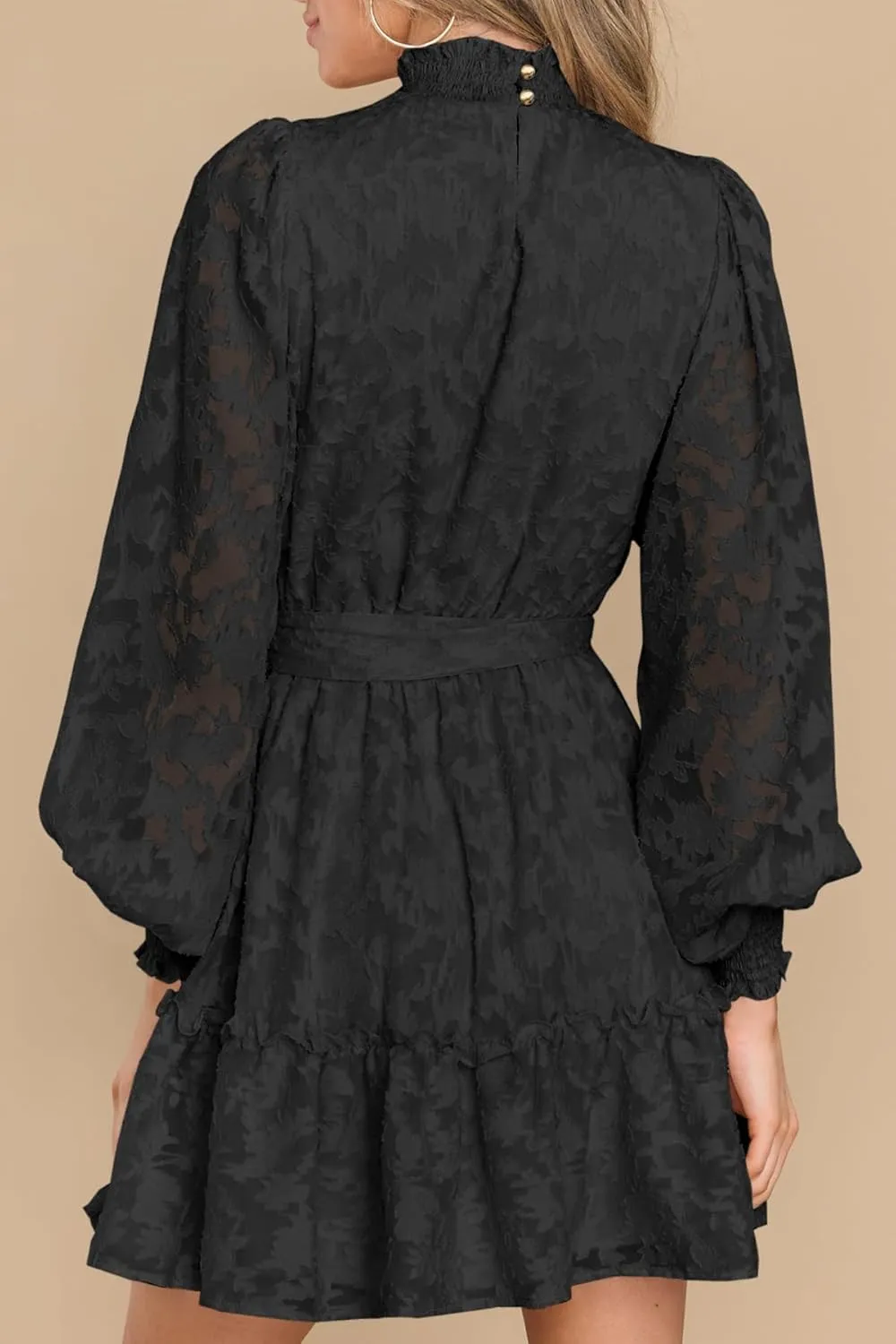 Ferlema Womens 2024 Long Puff Sleeve Smocked High Neck Tie Waist Floral Lace A Line Flowy Party Mini Dress