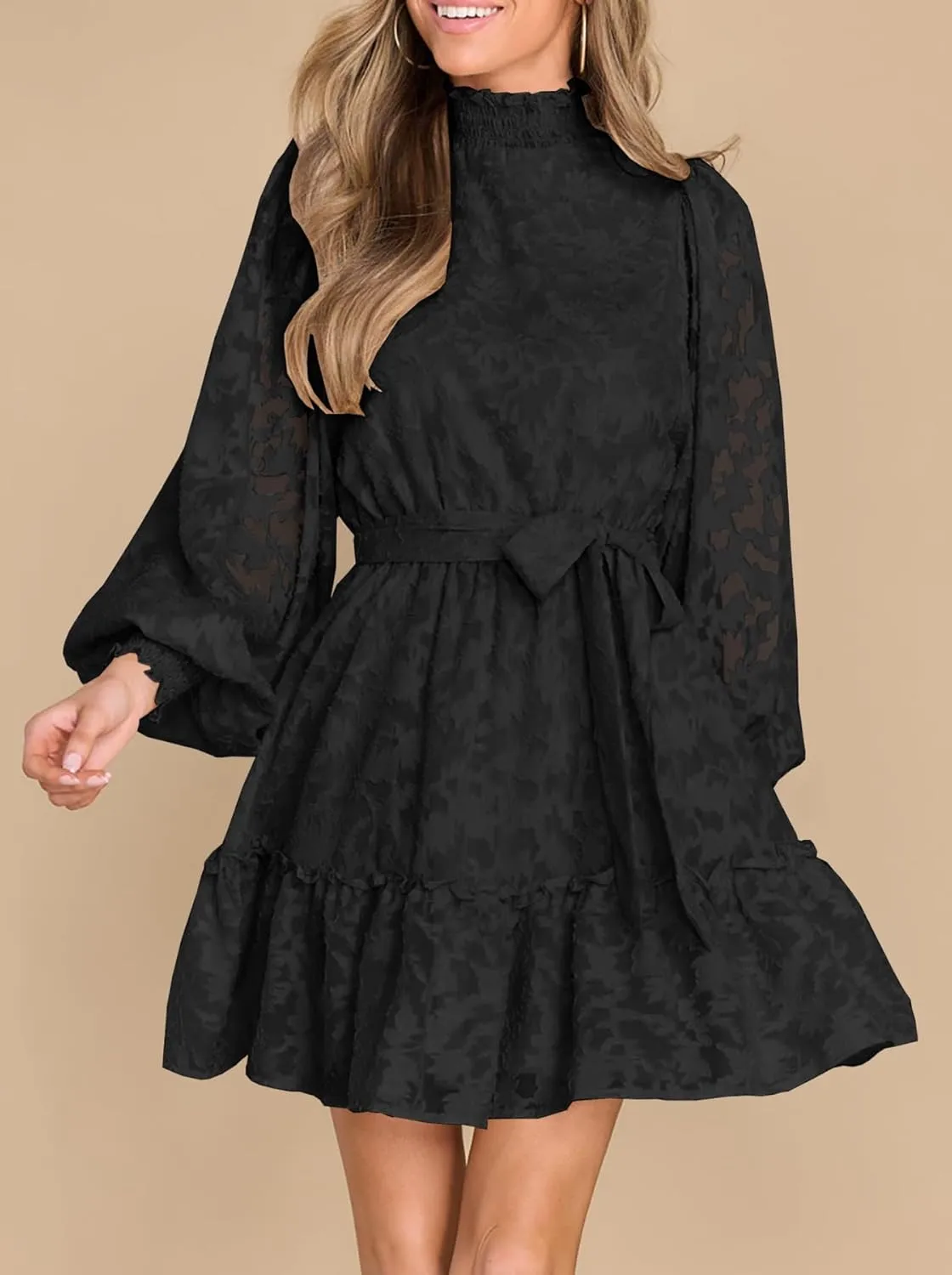Ferlema Womens 2024 Long Puff Sleeve Smocked High Neck Tie Waist Floral Lace A Line Flowy Party Mini Dress