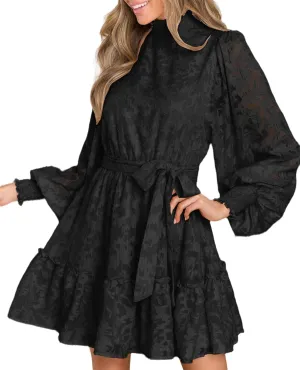 Ferlema Womens 2024 Long Puff Sleeve Smocked High Neck Tie Waist Floral Lace A Line Flowy Party Mini Dress
