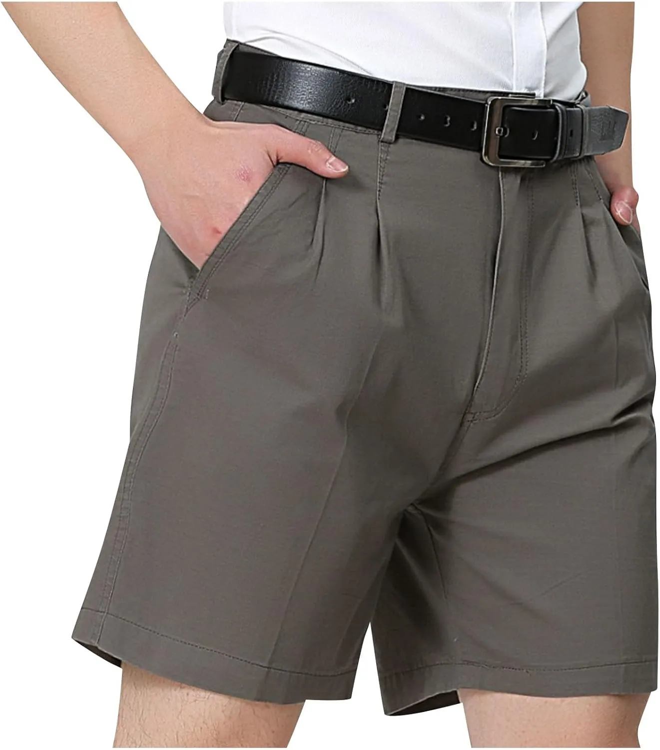 Finelylove Mens Chino Shorts Summer 7 Inch Pleat Front Button Waist Cotton Twill Work Golf Dress Shorts with Pockets