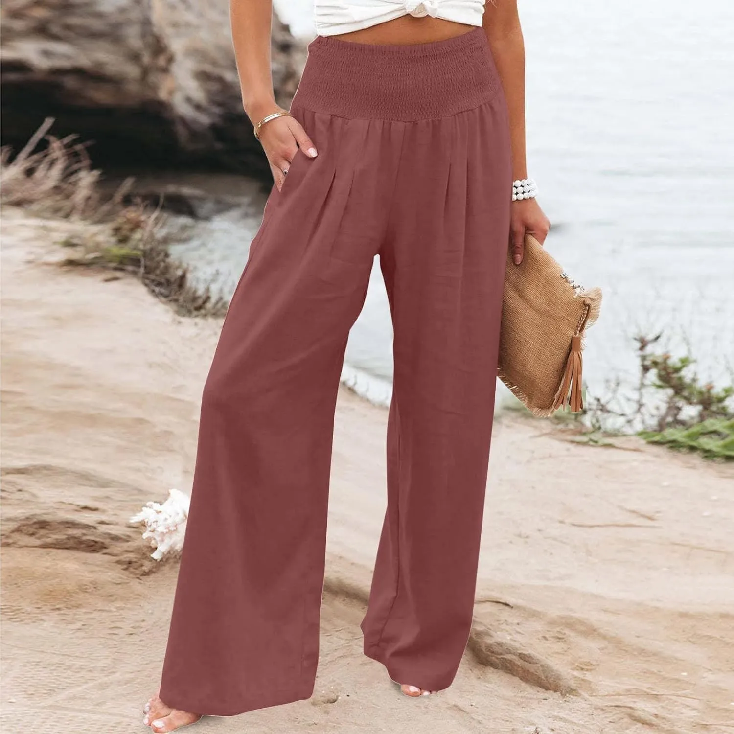 Firzero Wide Leg Trousers Women Plus Size Elastic High Waist Straight Pants 2024 Summer Casual Cotton Linen Beach Pants