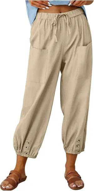 Firzero Women's Casual Pants Capris Linen Botton Capri Pant Loose Wide Leg Sweatpants Summer Cropped Elastic Waist Trousers