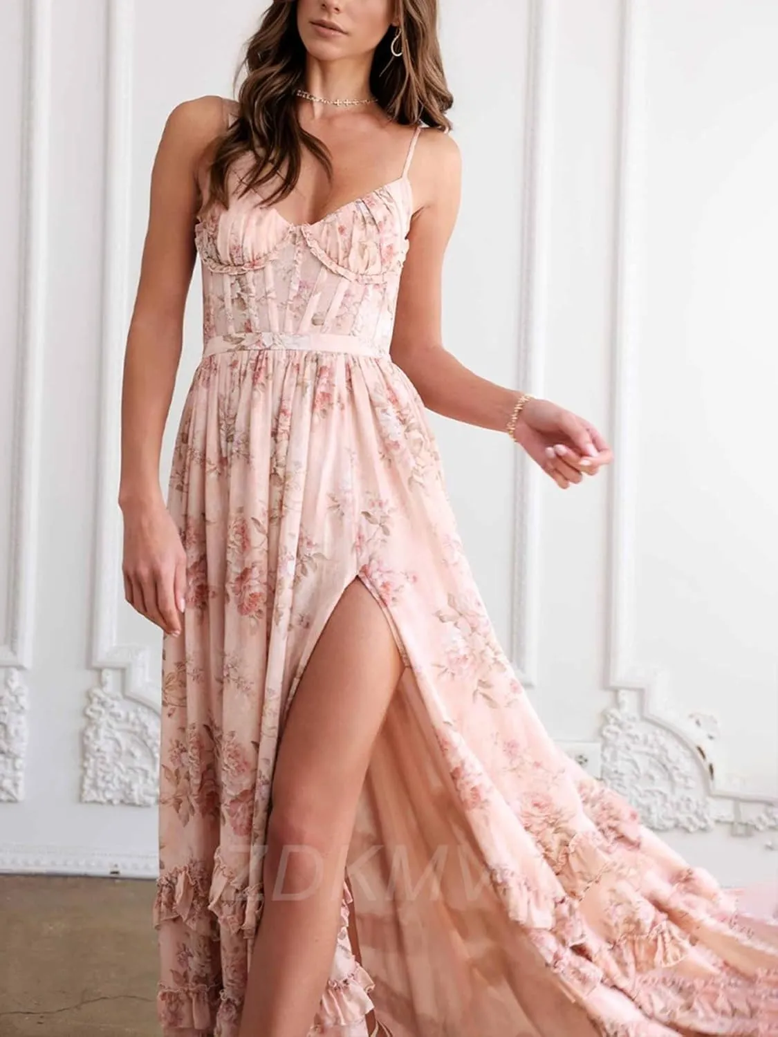 Floral Print Chiffon Prom Dresses 2025 Long V-Neck Formal Evening Party Gown with Slit LU127
