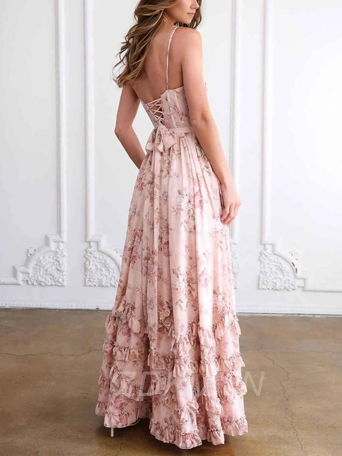 Floral Print Chiffon Prom Dresses 2025 Long V-Neck Formal Evening Party Gown with Slit LU127