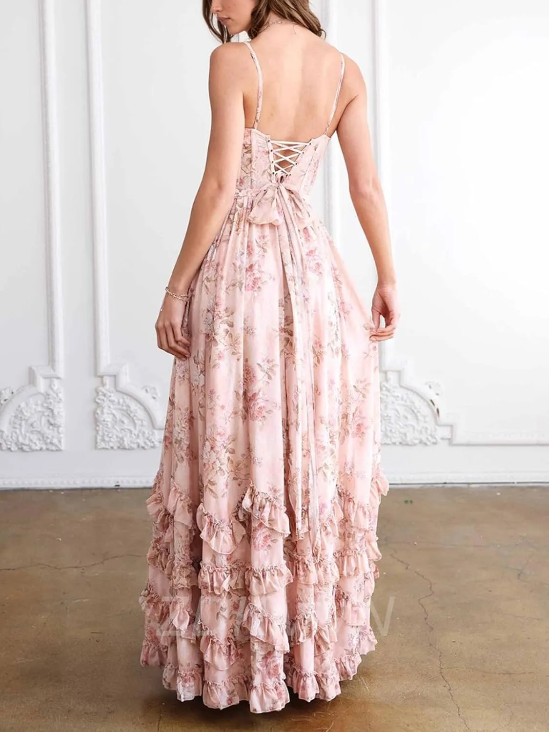 Floral Print Chiffon Prom Dresses 2025 Long V-Neck Formal Evening Party Gown with Slit LU127