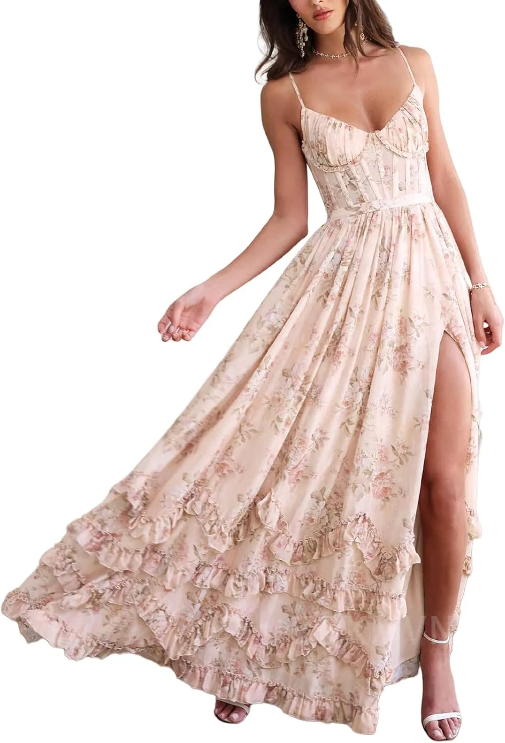 Floral Print Chiffon Prom Dresses 2025 Long V-Neck Formal Evening Party Gown with Slit LU127